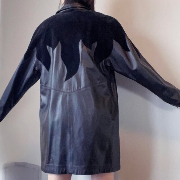 Vintage Black Leather Trench Coat: Oversized 80s/90s Patchwork Jacket (M-2XL) - Picture 5 of 9